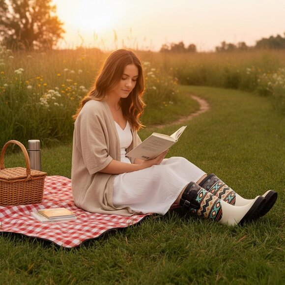 Women's Ivory Boho White Waterproof Tall Knee High Rubber landchief Rain Boot - Picture 3 of 6